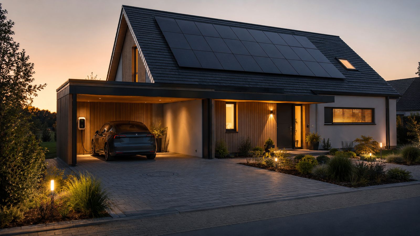 Single-family home in the evening, an electric car charging at the wallbox in the carport